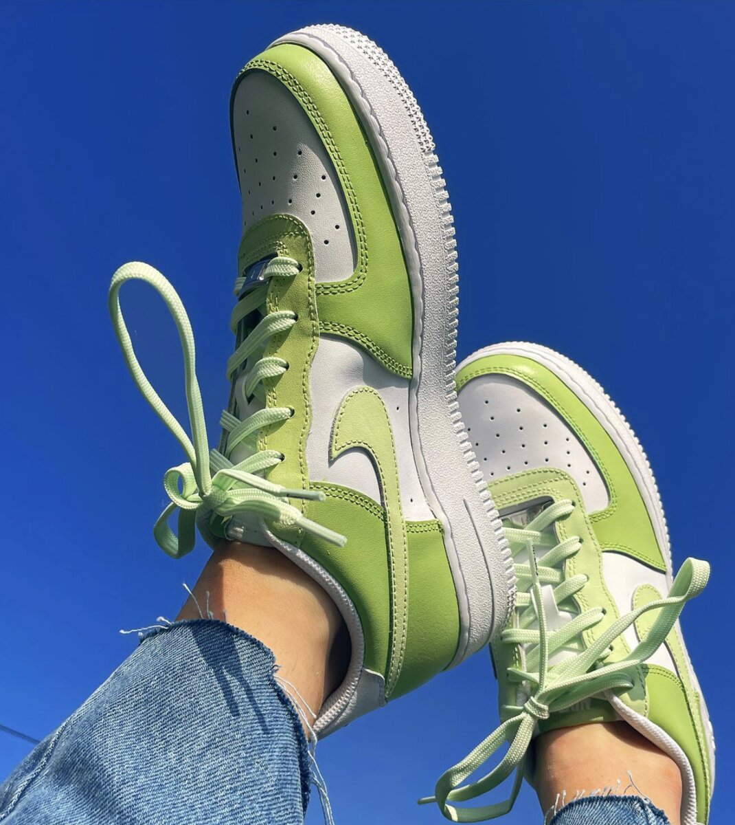 Custom hand-painted Nike Air Force 1 in acid green by ARLA
